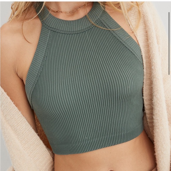 Aerie- Super Chill Seamless High Neck Bra Top- Royal Palm - Picture 1 of 13